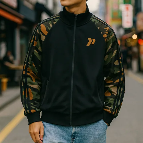 Áo khoác nam bomber đen, điểm nhấn nằm ở hai tay áo