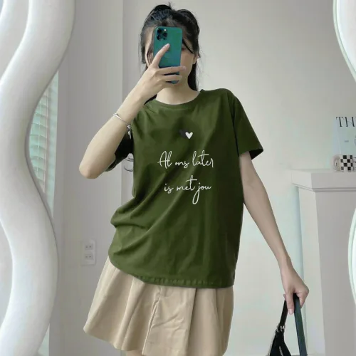 Áo nữ thun thái form rộng giấu quần in hoạ tiết trái tim