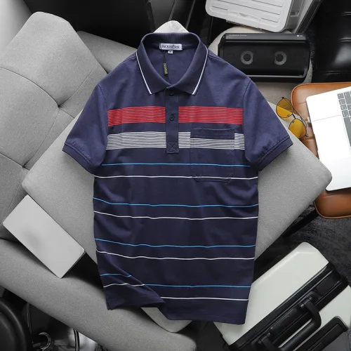 Áo Thun Nam Cổ Bẻ Có Túi Hoạ Tiết Sọc Ngang In Dẻo (Có size 3x)