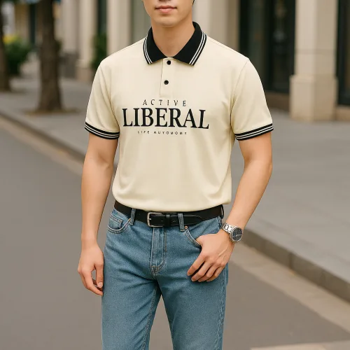 Áo Thun Nam Cổ Bẻ In Chữ Và Phối Sọc Viền Độc Đáo Big Size