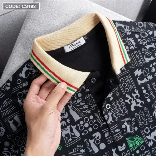 Áo Thun Nam Cổ Bẻ In Hoạ Tiết Viền Bo Màu (Có size 3x)