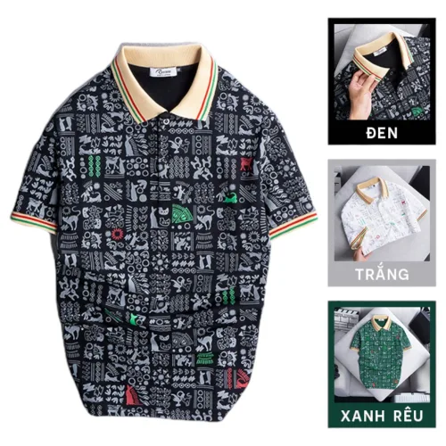 Áo Thun Nam Cổ Bẻ In Hoạ Tiết Viền Bo Màu (Có size 3x)