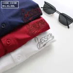 Áo thun nam cổ bẻ thêu chữ thun co giãn