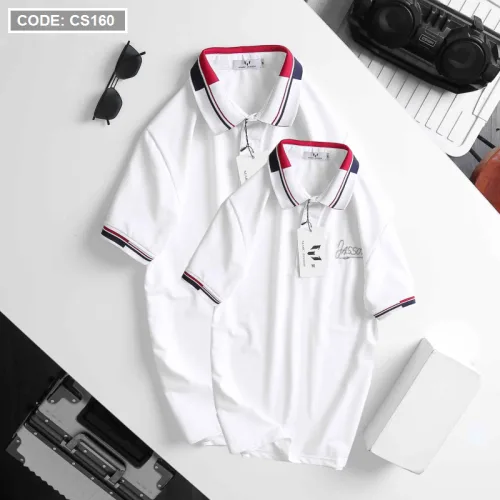 Áo thun nam cổ bẻ thêu chữ thun co giãn