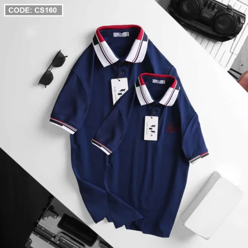 Áo thun nam cổ bẻ thêu chữ thun co giãn