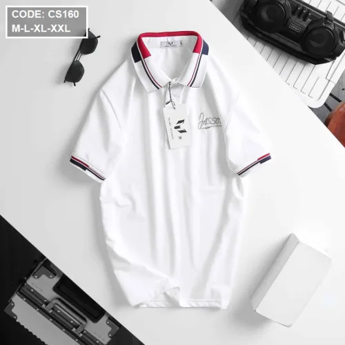 Áo thun nam cổ bẻ thêu chữ thun co giãn
