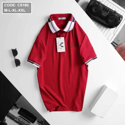 Áo thun nam cổ bẻ thêu chữ thun co giãn