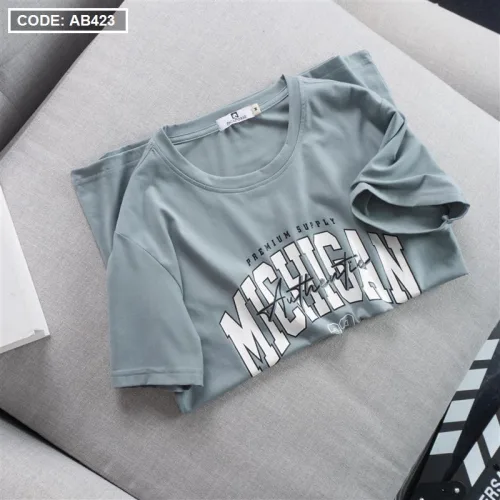 Áo Thun Nam Cổ Tròn Cotton Tay Ngắn In Chữ Michigan