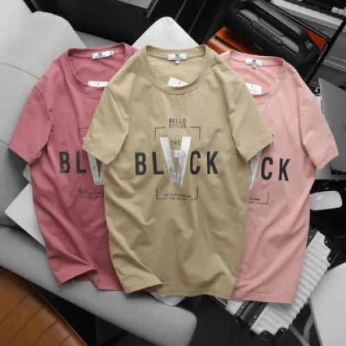Áo thun nam cỏ tròn in chữ V chất cotton muối