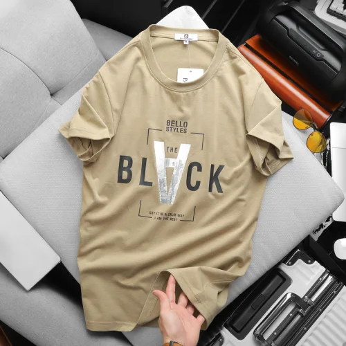Áo thun nam cỏ tròn in chữ V chất cotton muối