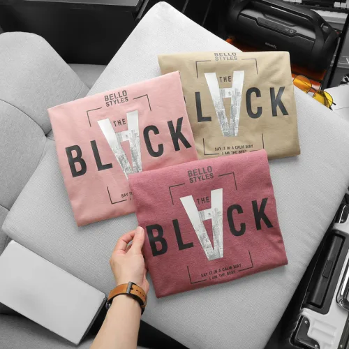 Áo thun nam cỏ tròn in chữ V chất cotton muối