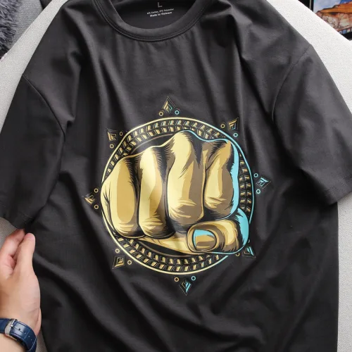 Áo Thun Nam Cổ Tròn Rurumen Màu Xám In Hình Fist Bump Big Size