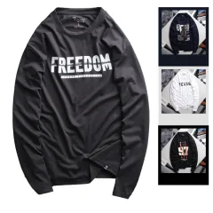 Áo Thun Nam Tay Dài Cổ Tròn Rurumen Màu Xám In Chữ FREEDOM Big Size