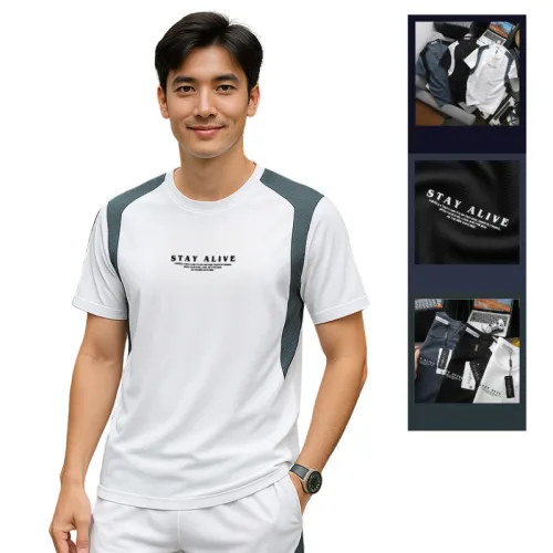 Áo Thun Nam Cổ Tròn Phối Sọc Màu & In Logo Chữ Trước Ngực Có Big Size