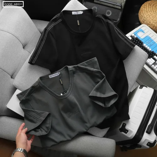 Áo Thun Nam Cổ Tròn Phối Sọc Thêu Logo Trước Ngực Bền Đẹp Có Big Size