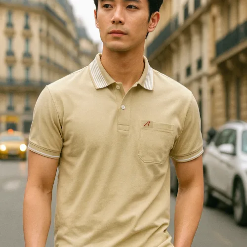Áo Thun Nam Polo Cổ Bẻ Thêu Chữ A Phối Có Túi Thun Cotton