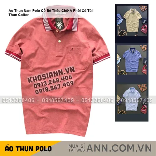 Áo Thun Nam Polo Cổ Bẻ Thêu Chữ A Phối Có Túi Thun Cotton