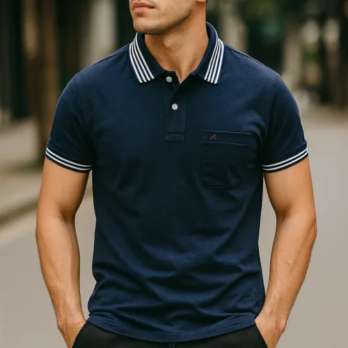 Áo Thun Nam Polo Cổ Bẻ Thêu Chữ A Phối Có Túi Thun Cotton
