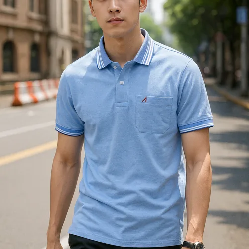 Áo Thun Nam Polo Cổ Bẻ Thêu Chữ A Phối Có Túi Thun Cotton