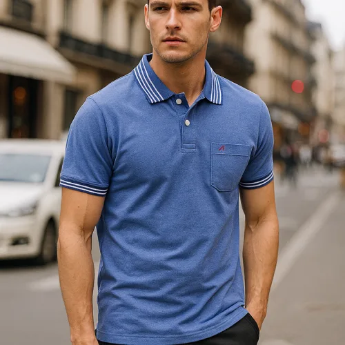 Áo Thun Nam Polo Cổ Bẻ Thêu Chữ A Phối Có Túi Thun Cotton