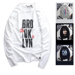 Áo Thun Nam Tay Dài Cổ Tròn Rurumen Màu Trắng In Chữ BROOKLYN Big Size