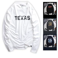 Áo Thun Nam Tay Dài Cổ Tròn Rurumen Màu Trắng In Chữ TEXAS Big Size
