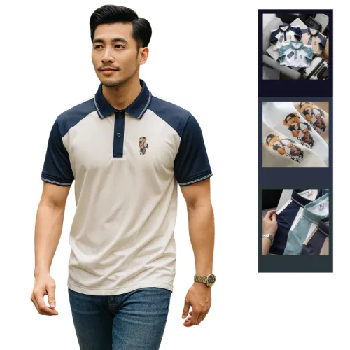 Áo Thun Polo Nam Phối Màu Và In Hình Gấu Trước Ngực BigSize Từ 50-90kg