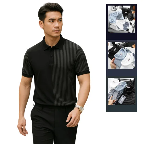 Áo Thun Polo Nam Phối Sọc Dọc Trước Ngực Và Tay Áo BigSize Từ 50-90kg