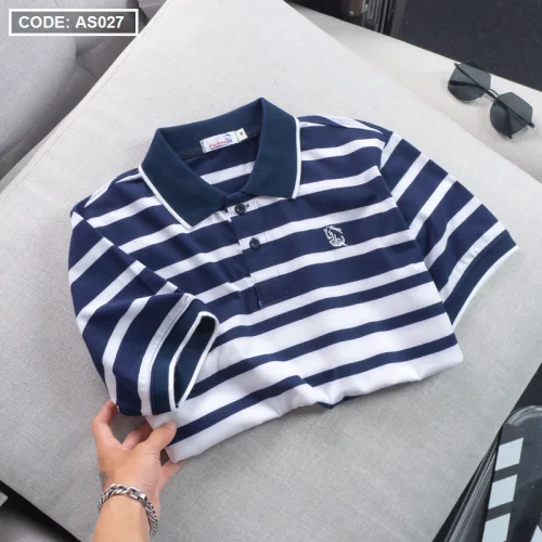 Áo Thun Polo Sọc Ngang Nam Cổ Phối Bo Thêu Logo