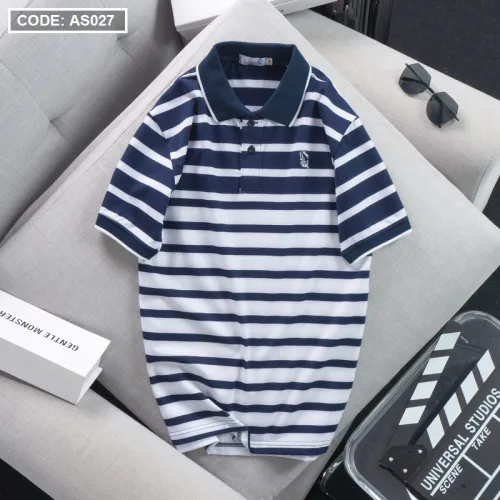 Áo Thun Polo Sọc Ngang Nam Cổ Phối Bo Thêu Logo