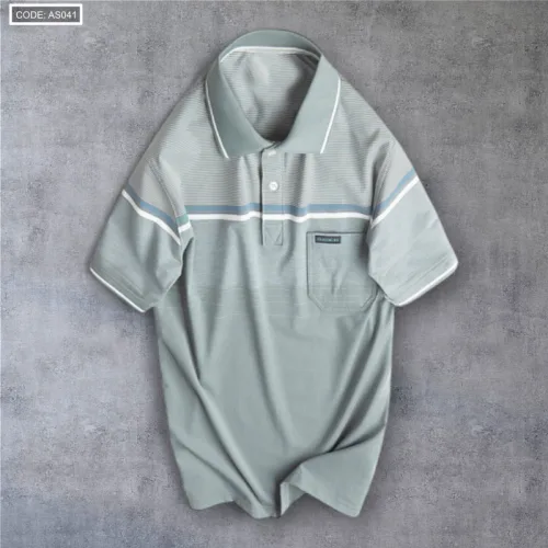 Áo Thun Sọc Nam Có Cổ Phối Viền Có Túi Thun Cotton