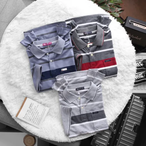Áo Thun Sọc Nam Melan Cổ Bẻ Có Túi Thun Cotton