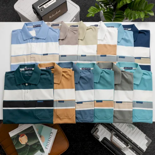 Áo Thun Sọc Nam Trung Niên Phối Sọc Màu Cổ Bẻ Có Túi Thun Cotton (Có size 3x)