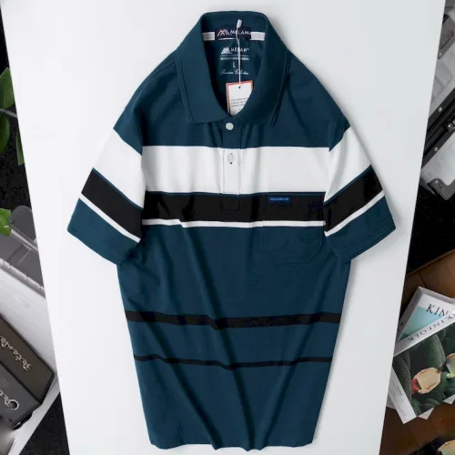 Áo Thun Sọc Nam Trung Niên Phối Sọc Màu Cổ Bẻ Có Túi Thun Cotton (Có size 3x)
