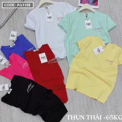 Áo thun thái nữ cổ tròn in chữ kiểu form rộng giấu quần