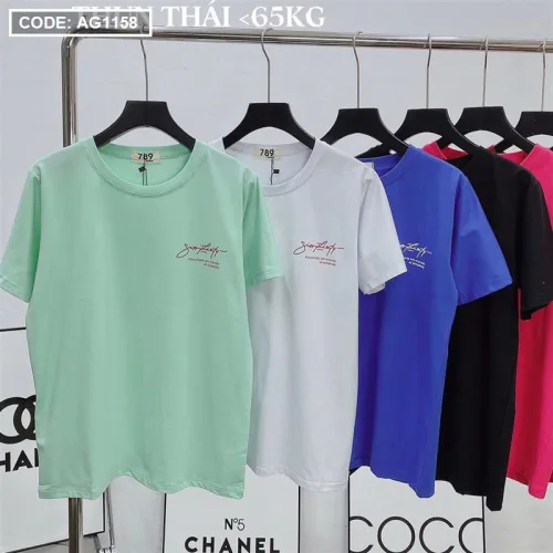 Áo thun thái nữ cổ tròn in chữ kiểu form rộng giấu quần