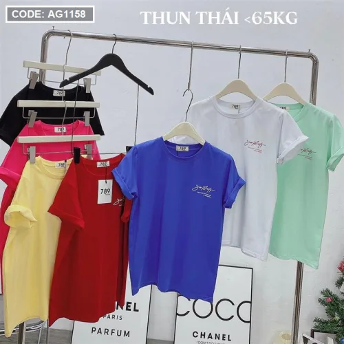 Áo thun thái nữ cổ tròn in chữ kiểu form rộng giấu quần