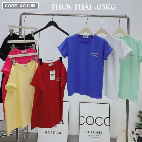 Áo thun thái nữ cổ tròn in chữ kiểu form rộng giấu quần