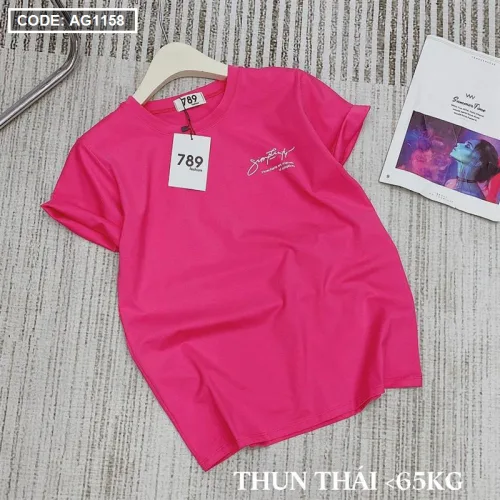 Áo thun thái nữ cổ tròn in chữ kiểu form rộng giấu quần