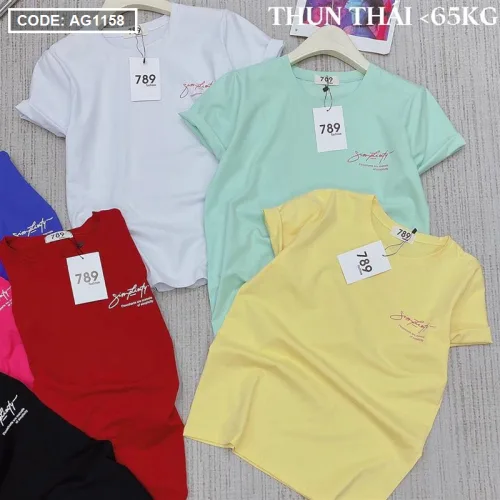 Áo thun thái nữ cổ tròn in chữ kiểu form rộng giấu quần