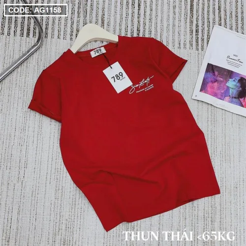 Áo thun thái nữ cổ tròn in chữ kiểu form rộng giấu quần