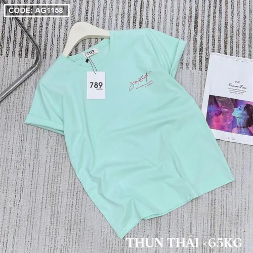 Áo thun thái nữ cổ tròn in chữ kiểu form rộng giấu quần