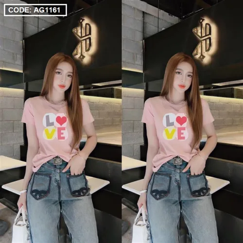 Áo thun thái nữ cổ tròn in chữ LOVE