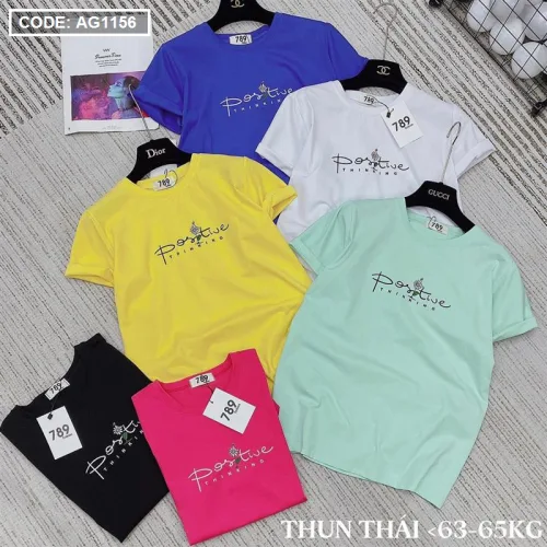 Áo thun thái nữ cổ tròn in chữ postive form suông vừa