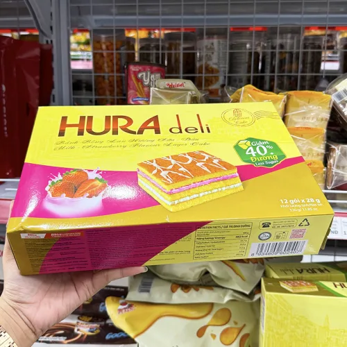 Bánh Bông Lan Bibica Hura Deli Hương Sữa Dâu 336g (12 Gói x 28g)