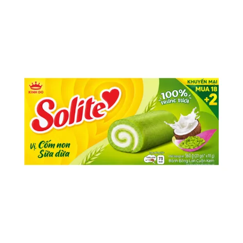 Bánh Bông Lan Solite Kinh Đô Cuộn Kem Vị Cốm Non Sữa Dừa 360g (20 Gói x18g) - Bánh Bông Lan Solite