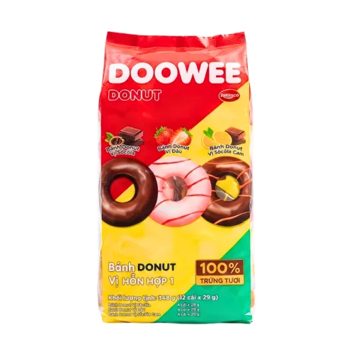 Bánh Donut Dowee 3 Vị Socola, Dâu, Socola Cam Gói 12 Cái 348g
