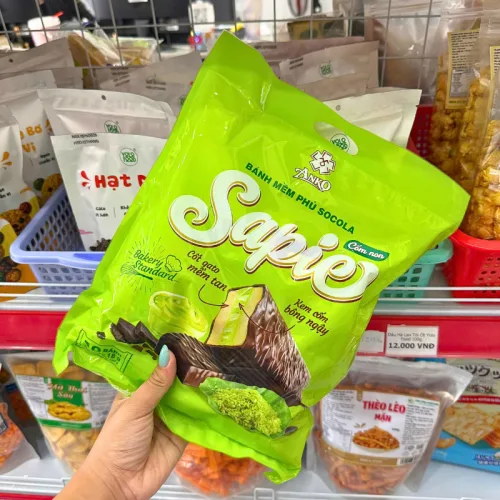 Bánh Mềm Phủ Socola Sapie Hương Cốm Non 198g - Bịch Xanh Lá