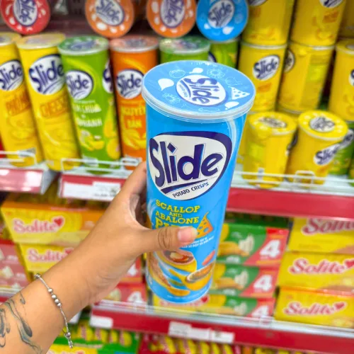 Bánh Snack Khoai Tây Lát Slide Vị Pizza Sò Điệp Và Bào Ngư - Bánh Slide Khoai Tây Màu Xanh 145Gr (Hộp To)