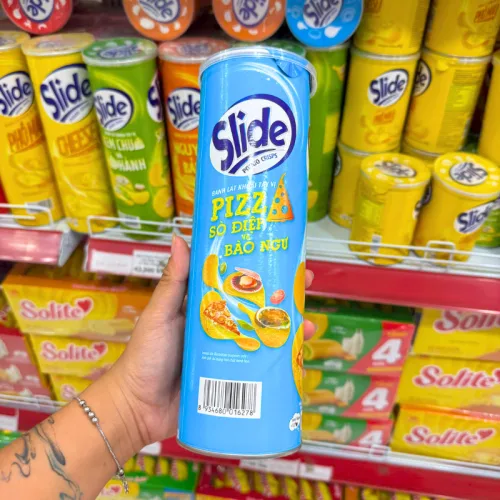 Bánh Snack Khoai Tây Lát Slide Vị Pizza Sò Điệp Và Bào Ngư - Bánh Slide Khoai Tây Màu Xanh 145Gr (Hộp To)